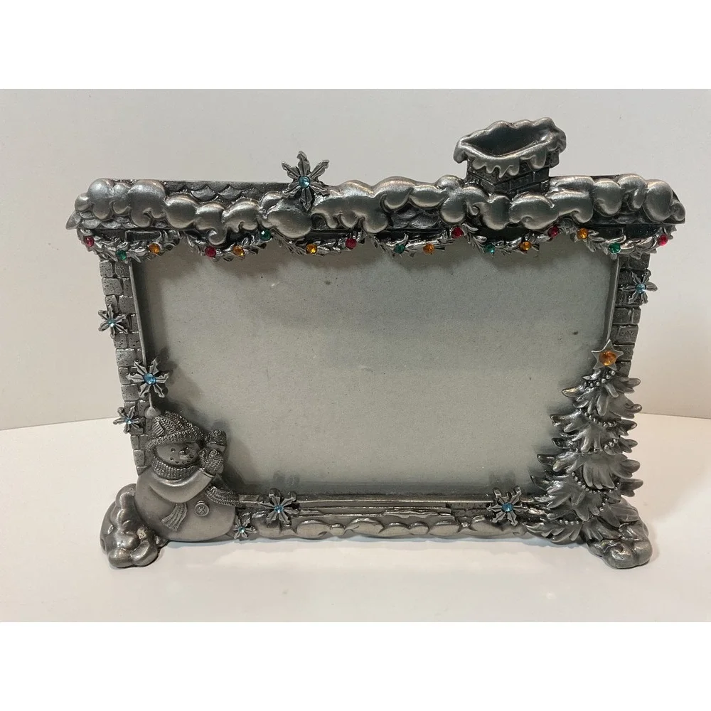 4X6 Metal Footed Christmas‎ Snowman Tree Chimney Photo Frame Tabletop Decor